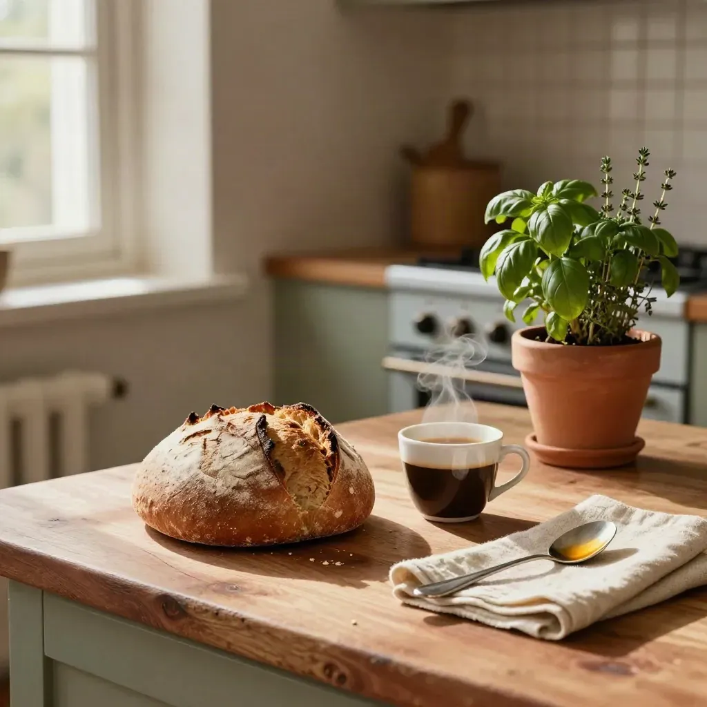 Kleine Nachbarschaftsküche mit Brot, Espressotasse und Kräutertopf im warmen Morgenlicht.