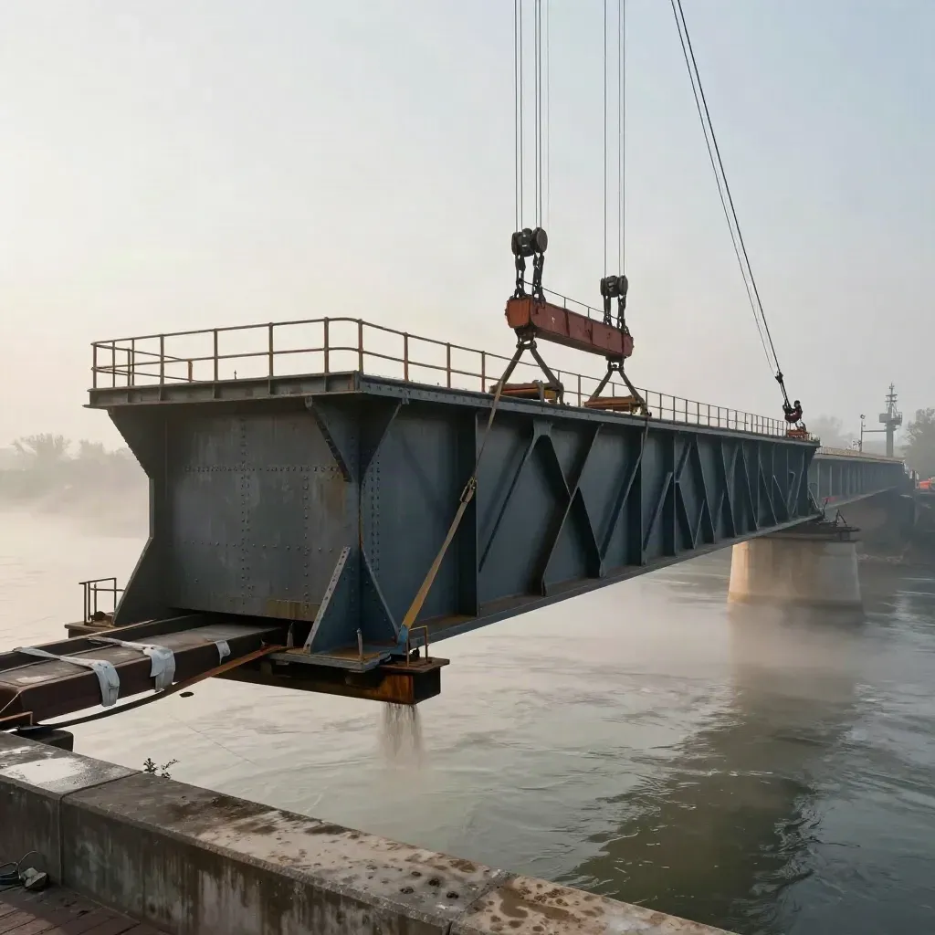 Brückenbaustelle am Fluss mit schwebendem Stahlträger und Kränen im Nebel