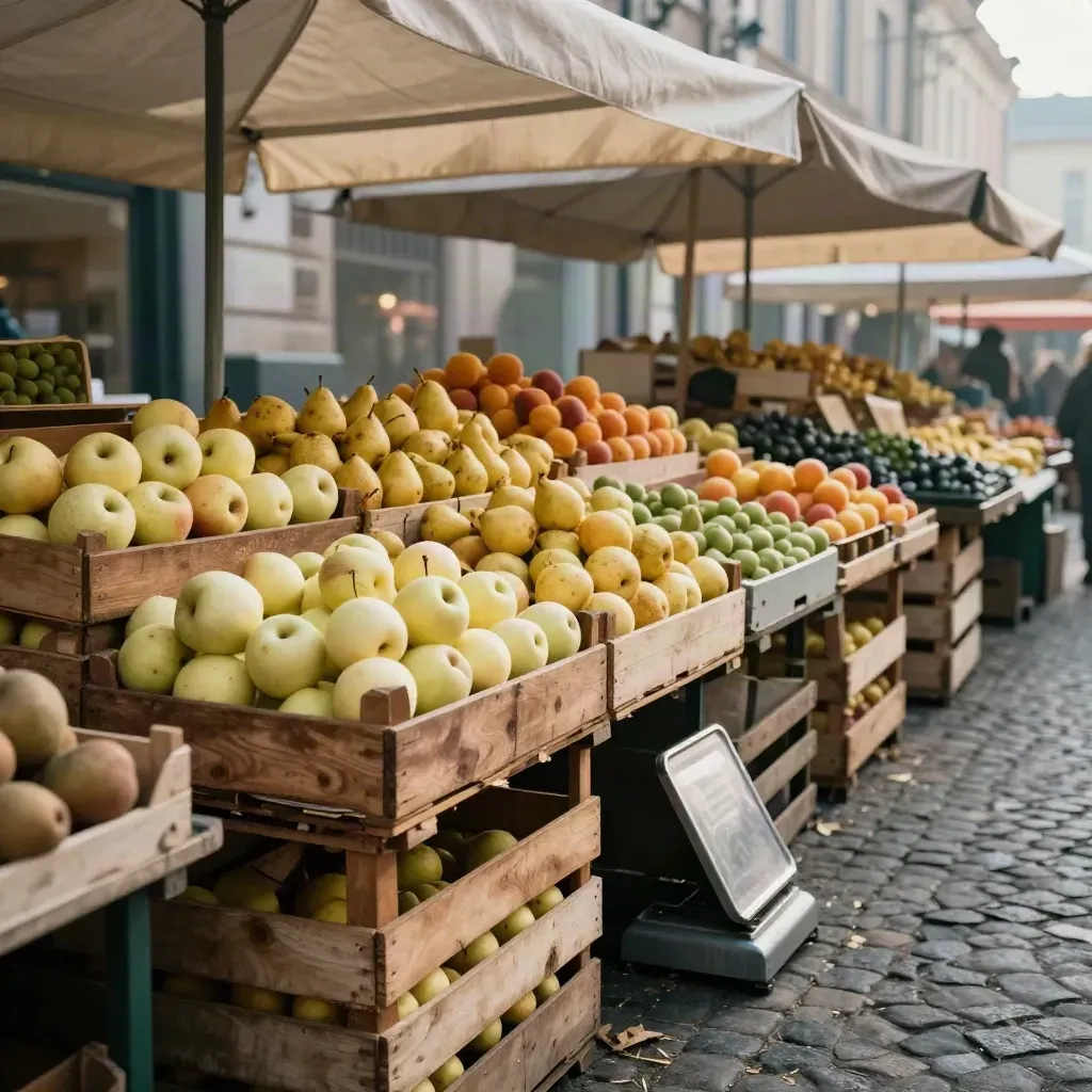 Marktstand am Morgen mit Obstkisten, Stoffdächern und Waage, diagonal durch den Gang.