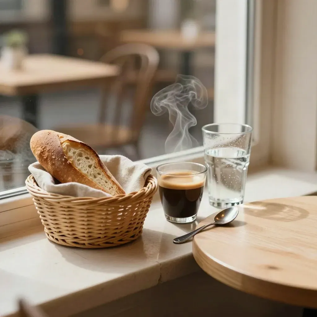 Ruhiges Caféfenster mit Frühstück, Espresso, Brotkorb und Wasserglas im warmen Morgenlicht
