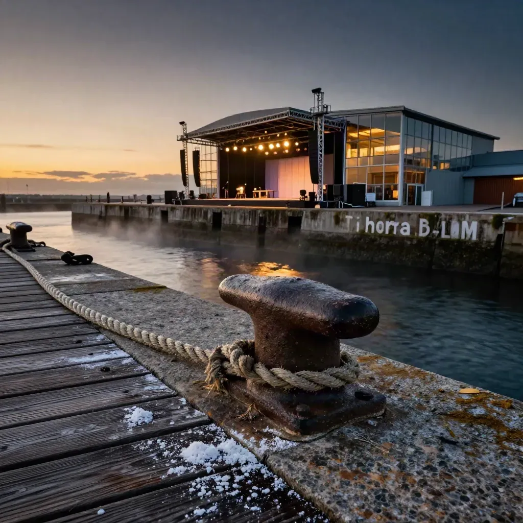 Abend am Hafen mit leuchtender Ausstellungshalle, kleiner Bühne und stiller Kaimauer