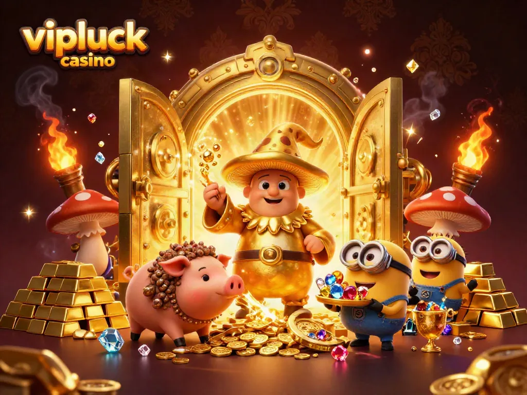 Experience the magic of vipluck casino with golden treasures and wizard characters!