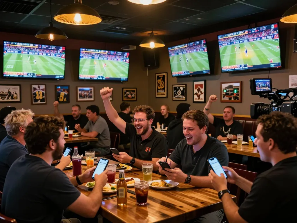 Sports enthusiasts placing bets and enjoying live games at a lively bar, engaging with soi keo nha cai for better odds.