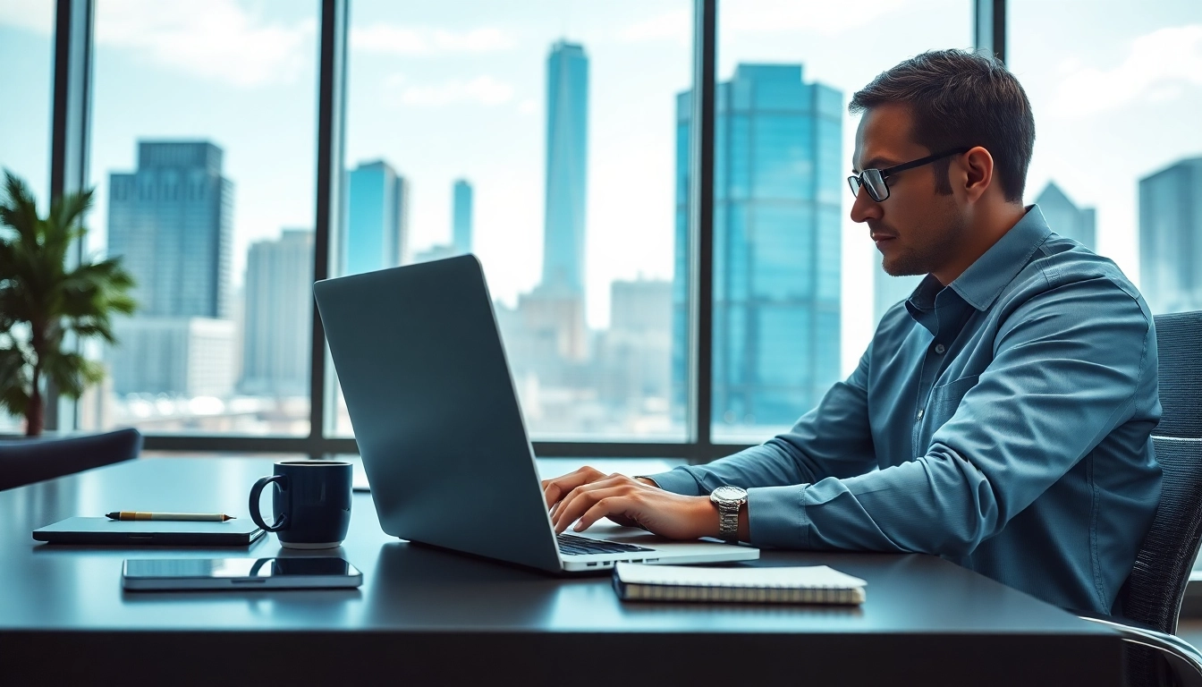 IT Consulting: Engaged IT consultant at a modern workspace, surrounded by technology.