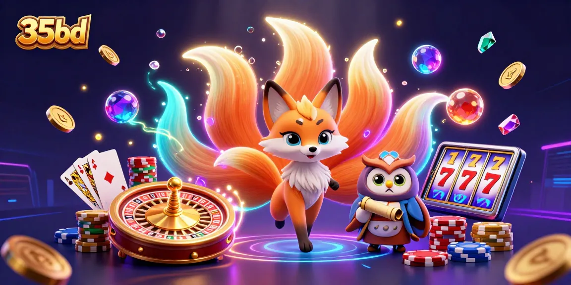 A vibrant 35bd illustration showcasing a nine-tailed fox, wise owl, and casino elements like roulette and coins.