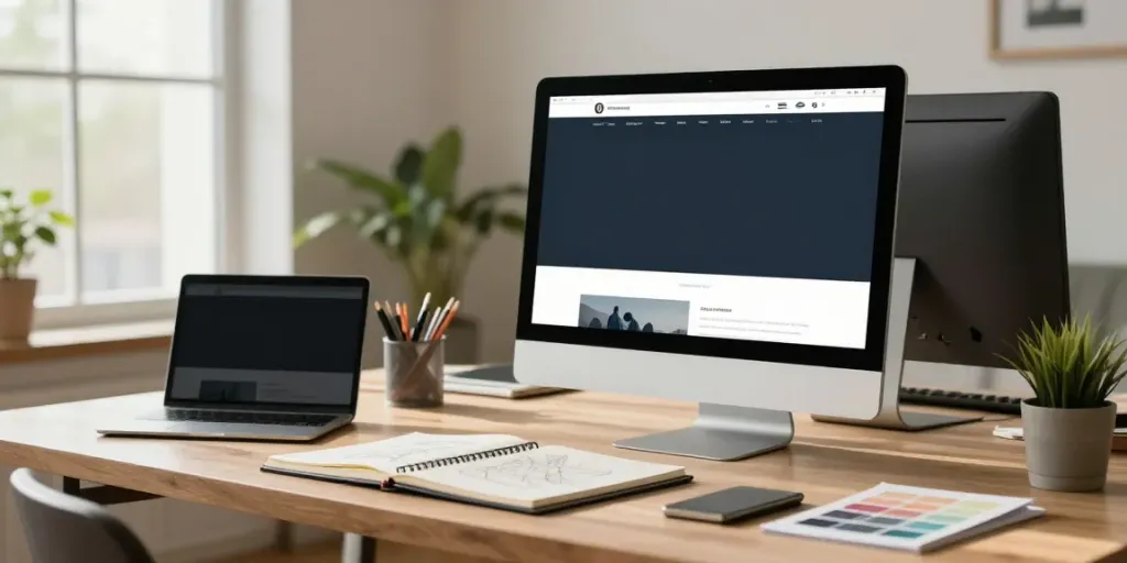 Professionelle Webdesign-Arbeitsumgebung mit modernen Designwerkzeugen und natürlichen Lichtquellen.