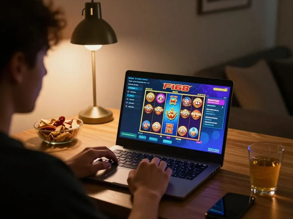 Player engaging with F168 on a laptop for strategic casino betting in a cozy home setting