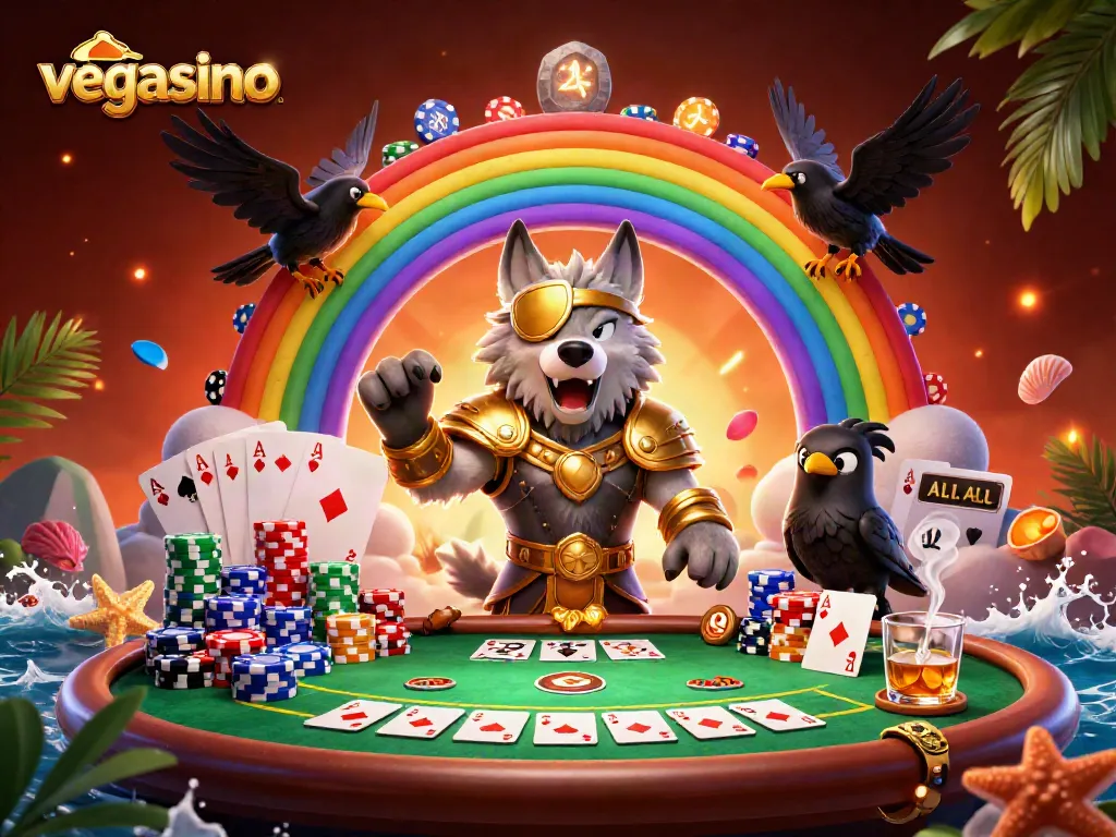 Experience the excitement of vegasino with a vibrant 3D illustration featuring dynamic casino elements and rich character designs.