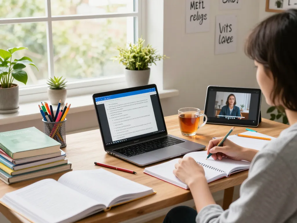 Student, der Hausaufgaben Löser online in einem hellen Home-Office nutzt.
