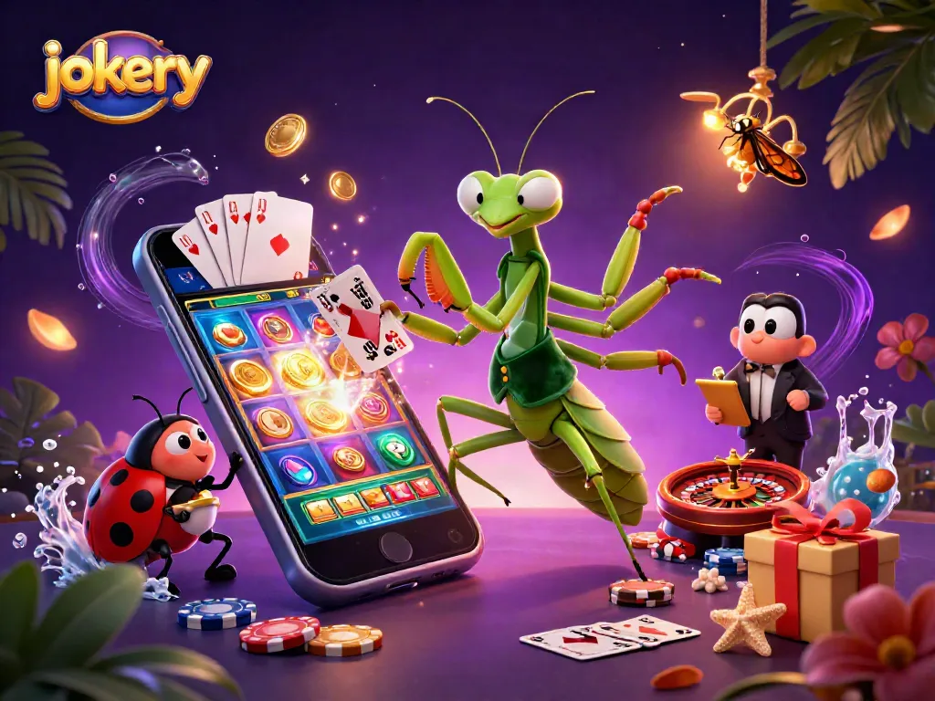 Engaging illustration depicting jokery-themed casino scene featuring vibrant characters and sparkling game elements.