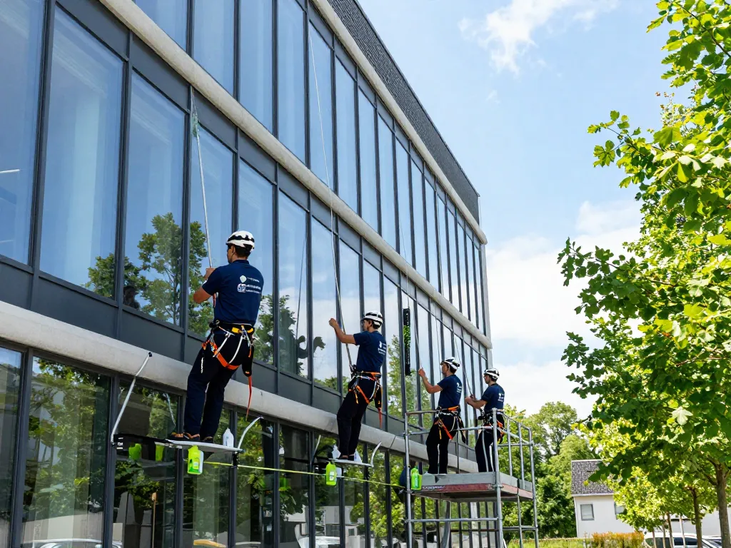 Professionelle Fensterputzer für Gewerbe in Münster, die glanzvolle Glasfassaden in modernen Bürogebäuden pflegen.