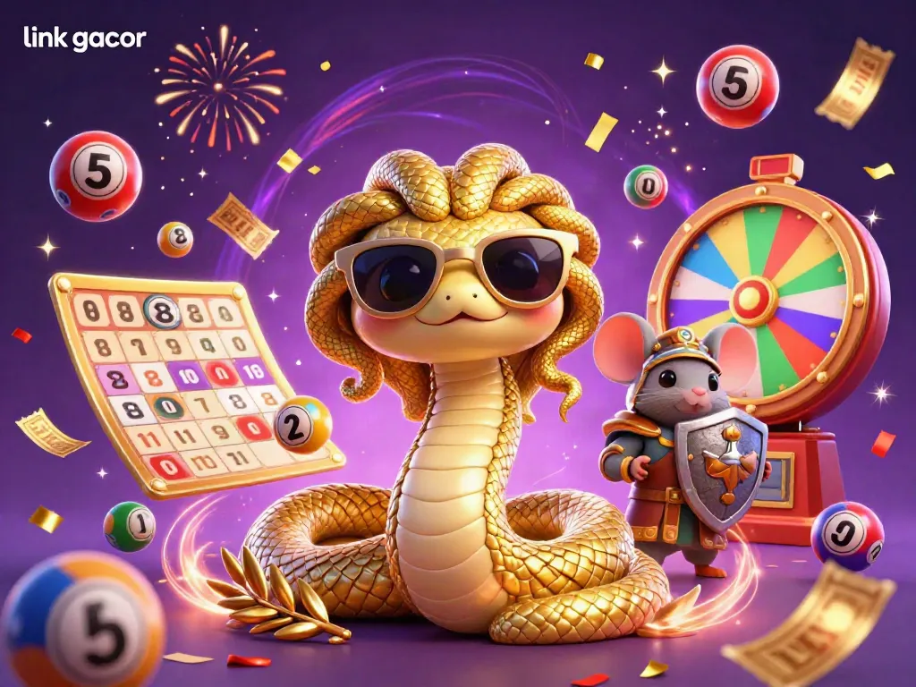 Engage with the exciting link gacor scene featuring Medusa and a knight amongst vibrant slots and dynamic lottery elements.