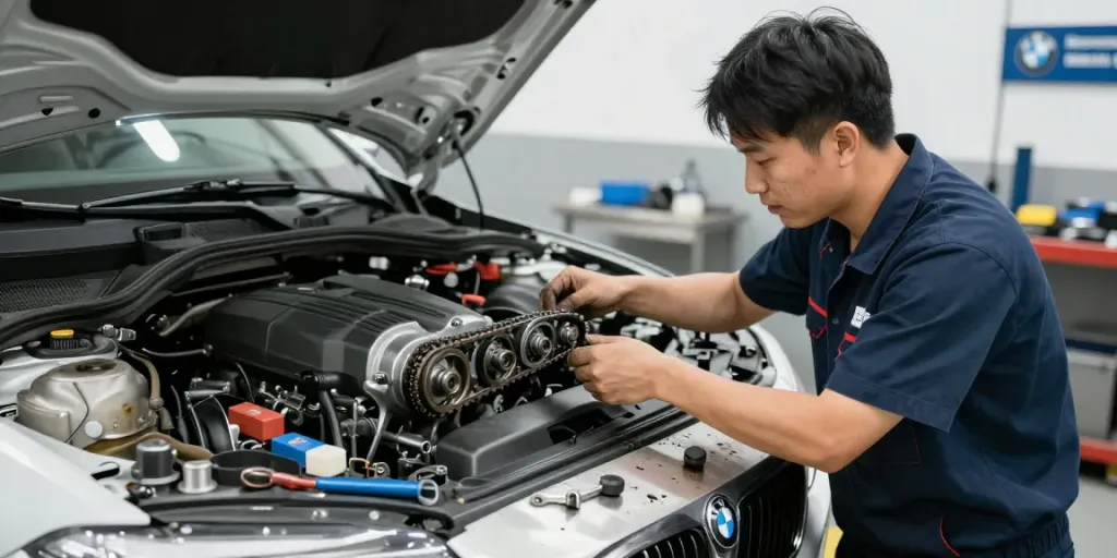 bmw steuerkette hannover Mechaniker ersetzt Steuerkette in einer hellen Werkstatt.