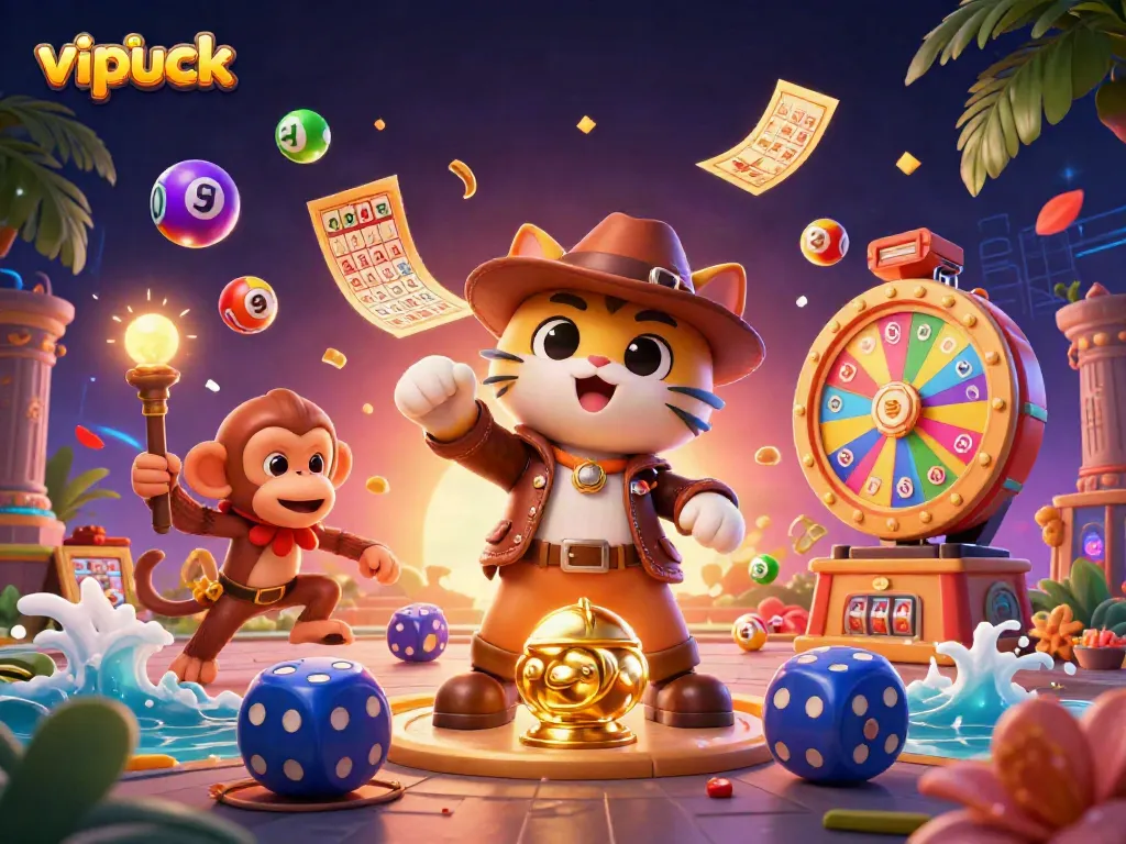 Vipluck offers exciting casino experiences with a thrilling scene of game elements and vibrant characters.