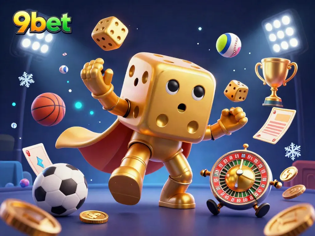 Engage with 9bet's thrilling casino games through a vibrant scene of golden dice and dynamic sports elements.
