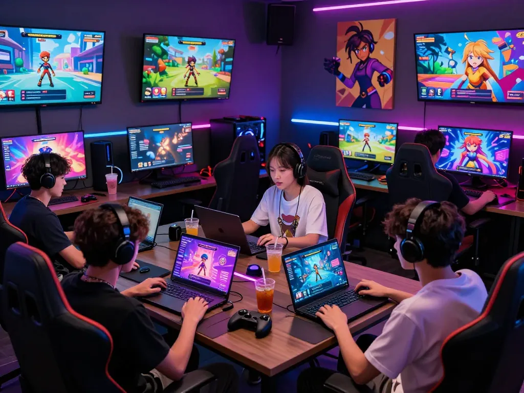 Group enjoying html sex games in a vibrant gaming setup, showcasing excitement and community.