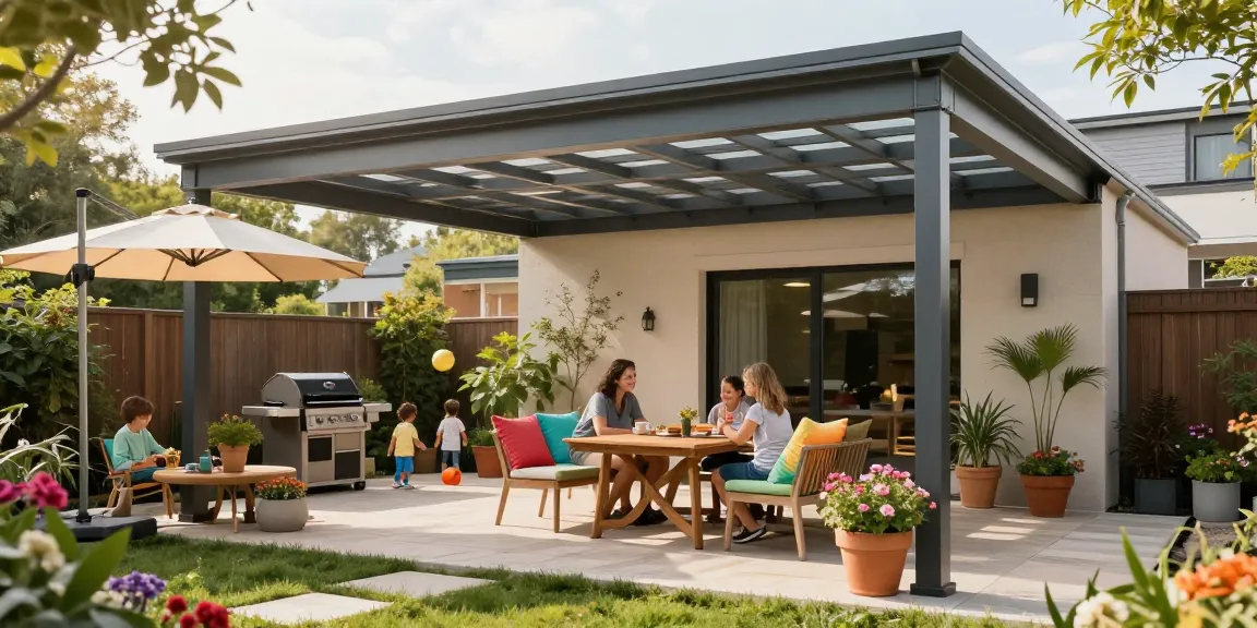Stylische Terrassenüberdachungen in einem modernen Garten mit einer Familie und blühenden Pflanzen.