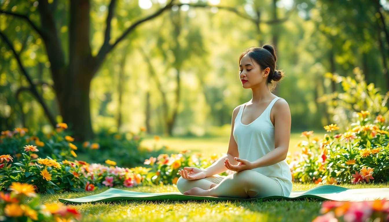 Practice emotional wellbeing through meditation in a serene garden with vibrant flowers.