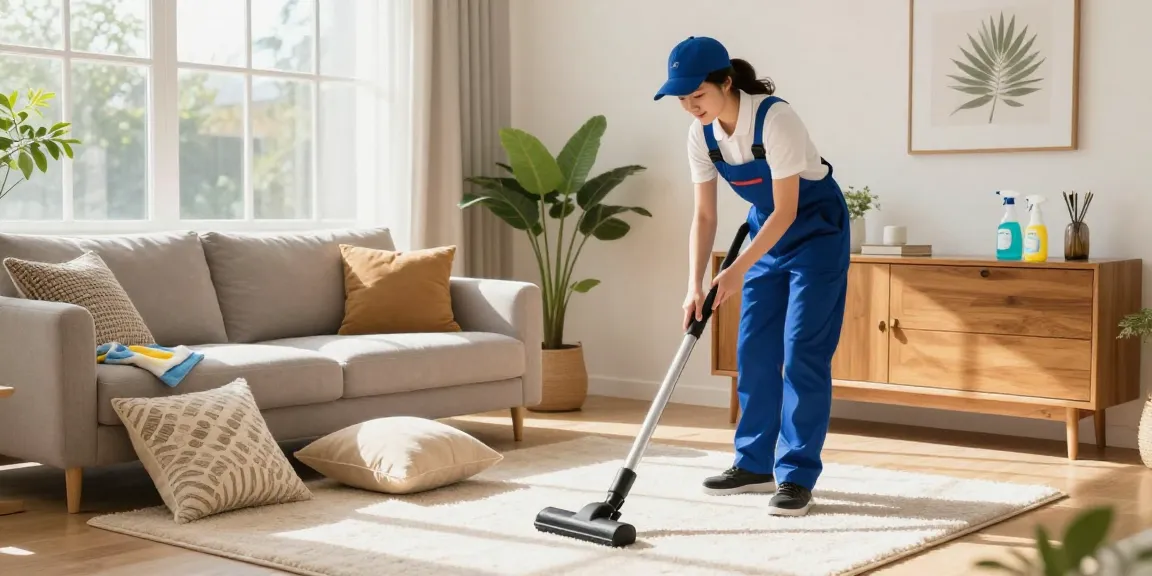 Professional cleaner in a bright living room showcasing putzinstitute bern cleaning services with eco-friendly supplies.
