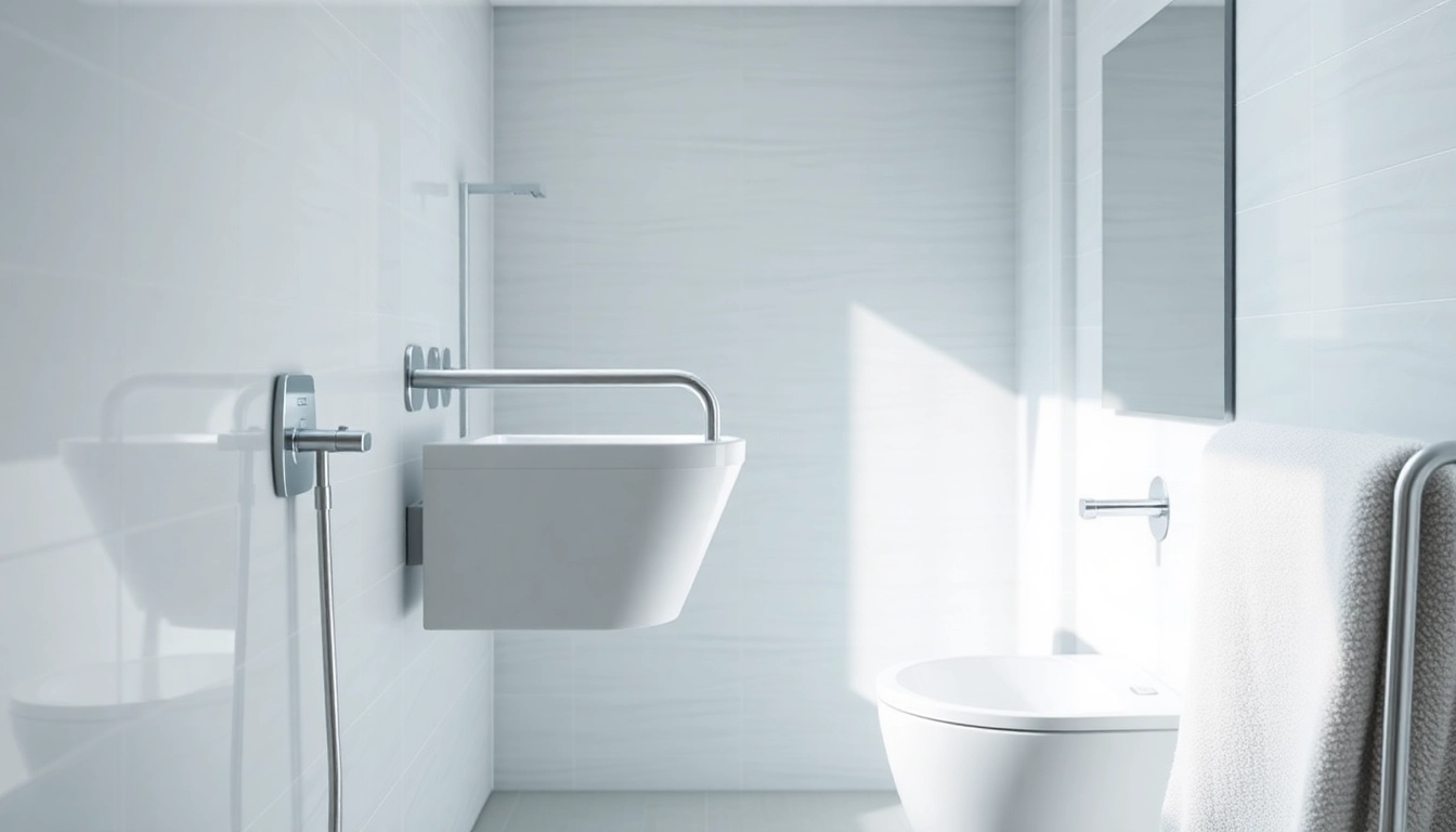 Ein zeitgemäßer, klappbarer Duschsitz in einem Badezimmer, der Komfort- und Sicherheitsmerkmale für Benutzer hervorhebt.