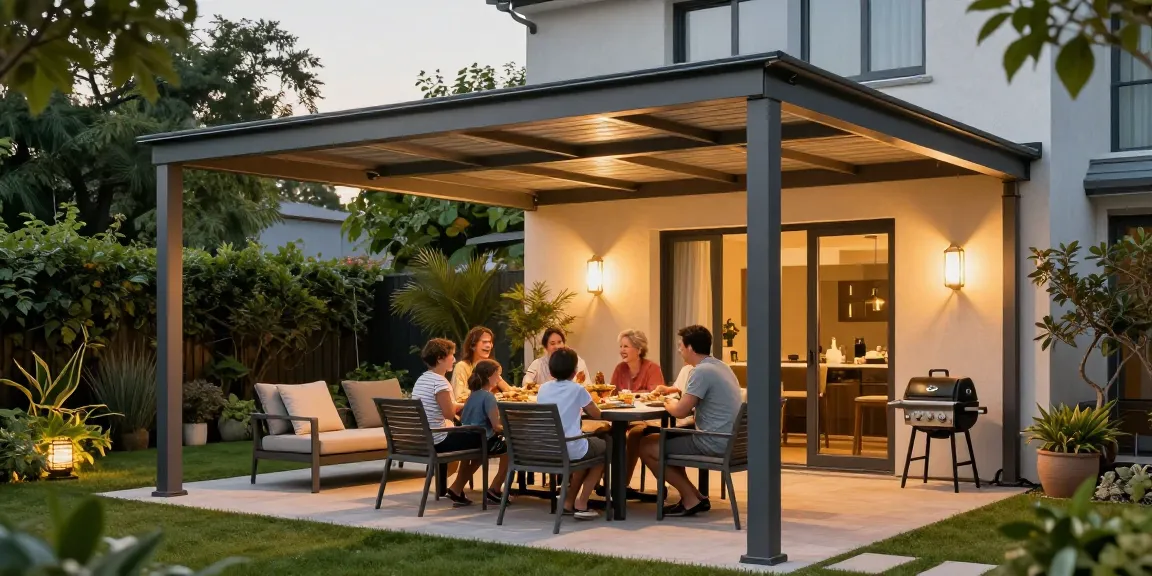 Terrassenüberdachung bietet modernen Schutz für eine gemütliche Outdoor-Essensituation.