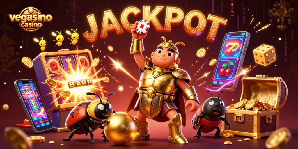 Experience the thrill of vegasino casino with heroes celebrating a jackpot amidst casino elements.