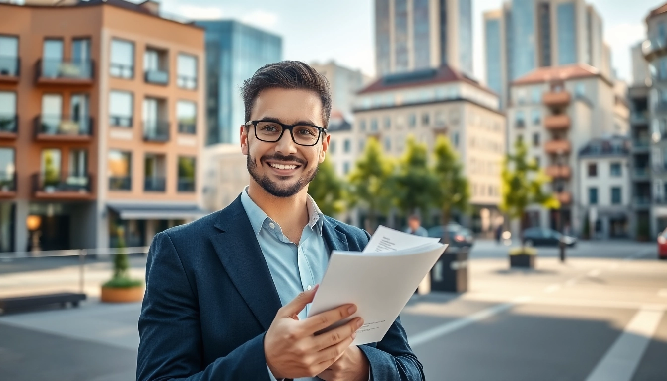 Immobilienmakler Frankfurt Sachsenhausen interagiert professionell mit Kunden in urbanem Setting.