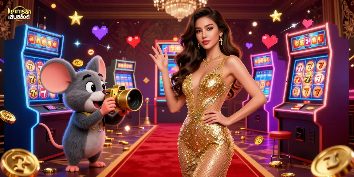 Engage in ทดลองเล่นสล็อต with a vibrant casino scene featuring slot reels, a glamorous character, and arcade elements.