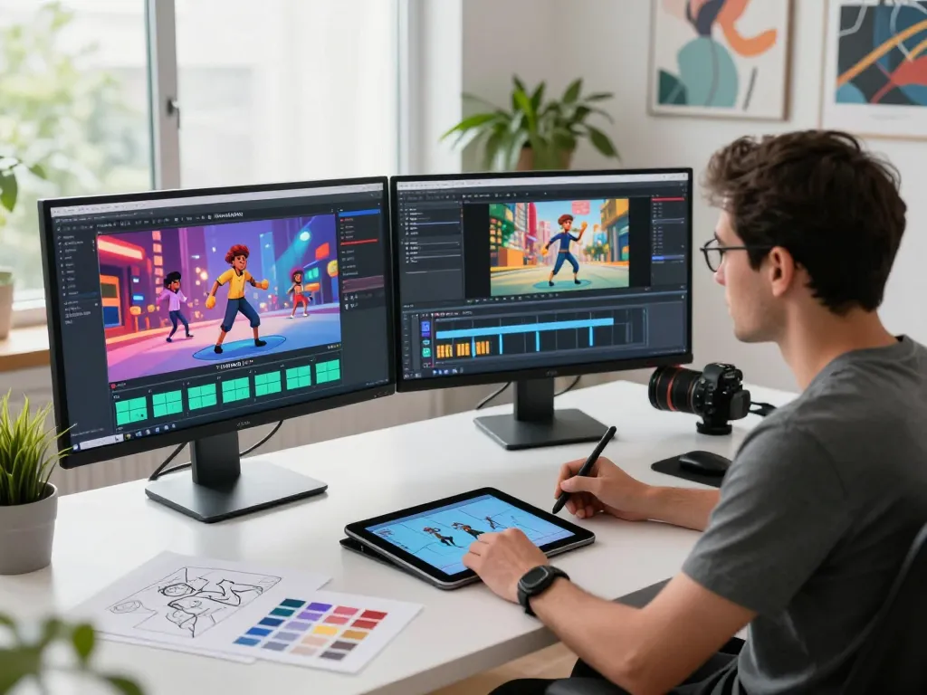 Kling 2.6 motion control workspace with animation expert crafting dynamic animations, featuring dual monitors and design sketches.
