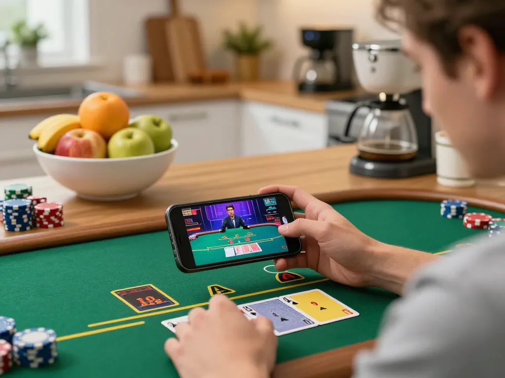 Player enjoying a strategy-focused live dealer blackjack game on smartphone at home with F168.