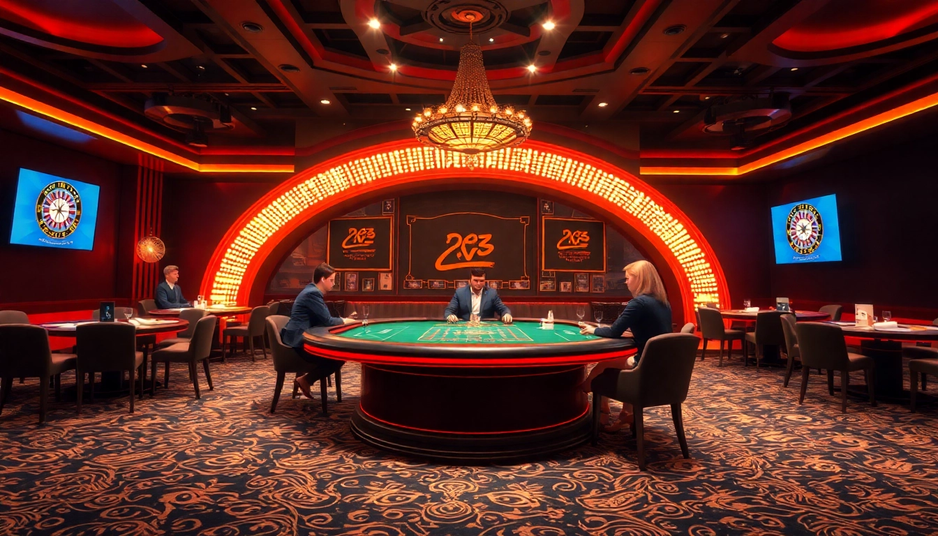 Erlebe den online casino bonus ohne einzahlung in einem lebendigen Glücksspielumfeld mit Spielern und hellen Lichtern.