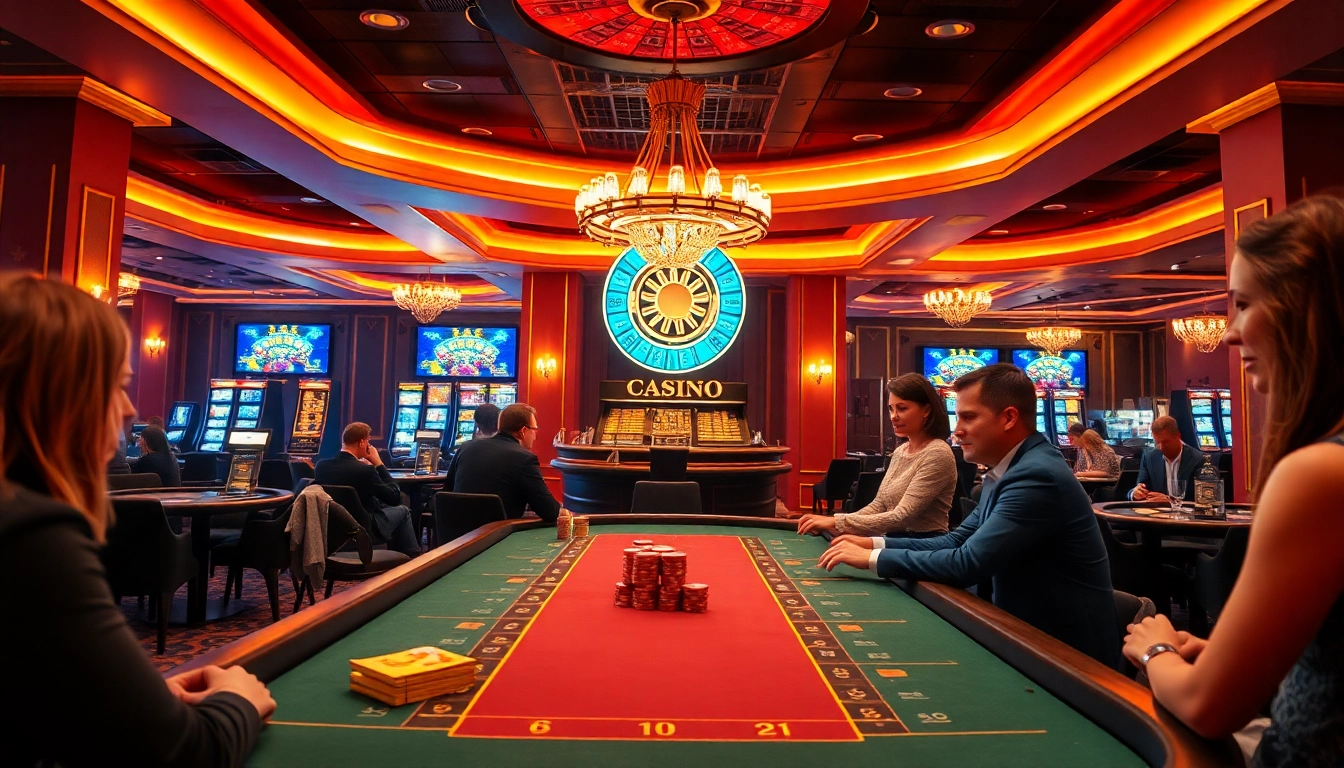 Erlebe die aufregende Welt der Online Casinos Österreich mit Spielern und bunten Neonlichtern.