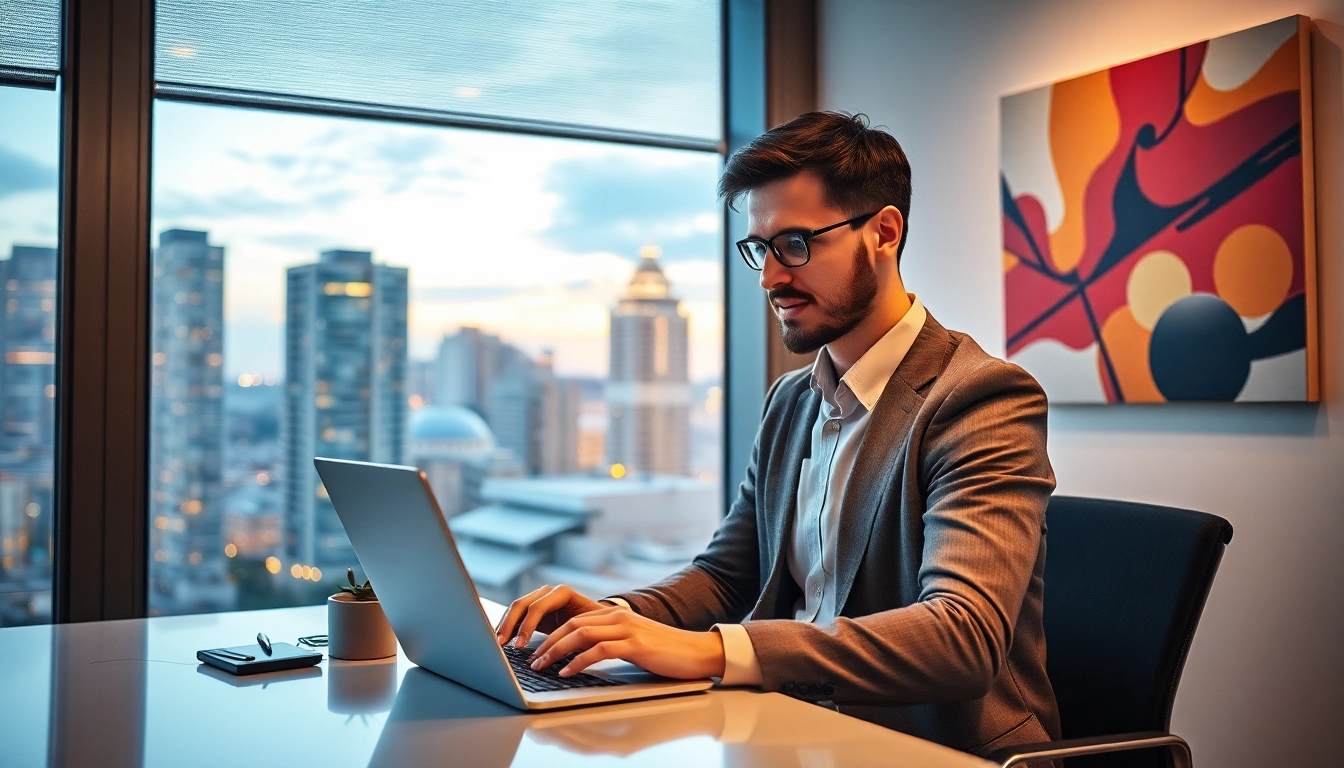 Unternehmensberatung: Ein Unternehmensberater arbeitet konzentriert in einem inspirierenden modernen Büro.