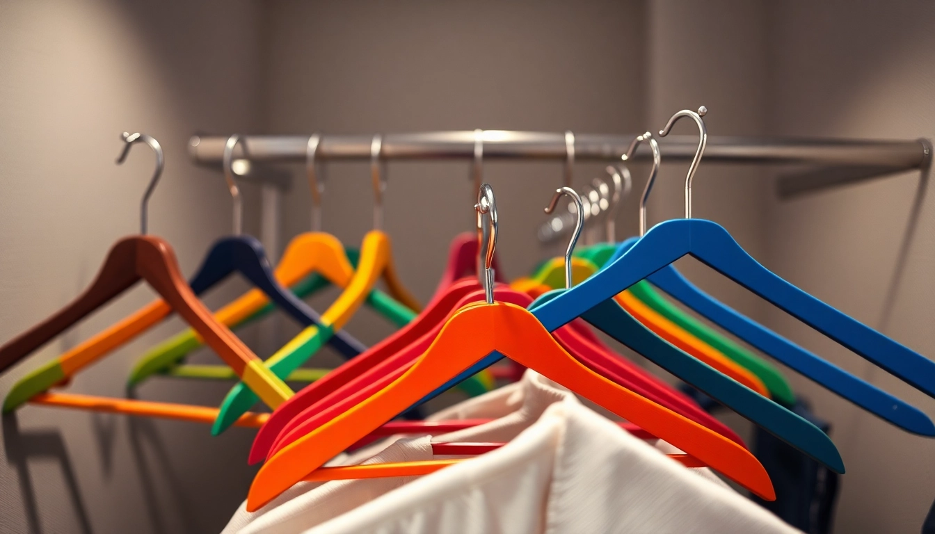 Kleiderbügel günstig in einer modernen Garderobe präsentieren verschiedene Designs und Farben, ideal für jeden Kleiderschrank.