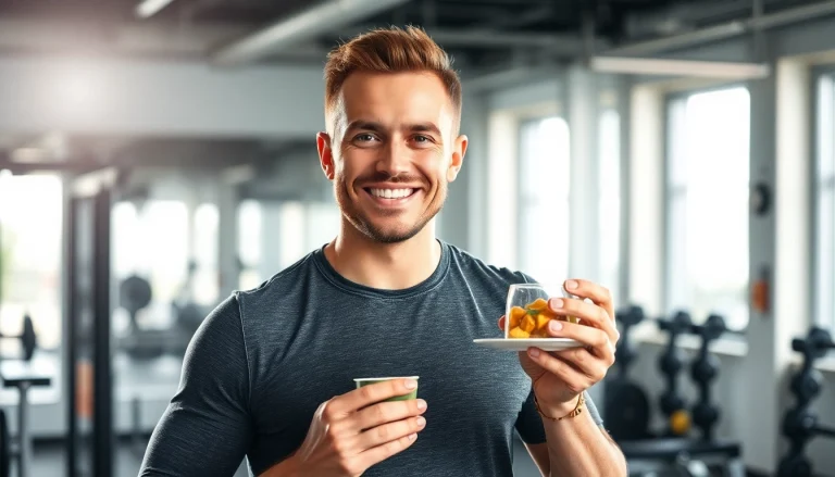 Ein gesundes Fitness-Motiv zum Thema Gewichtsverlust mit einem aktiven Mann, der nach dem Training einen proteinreichen Snack genießt.