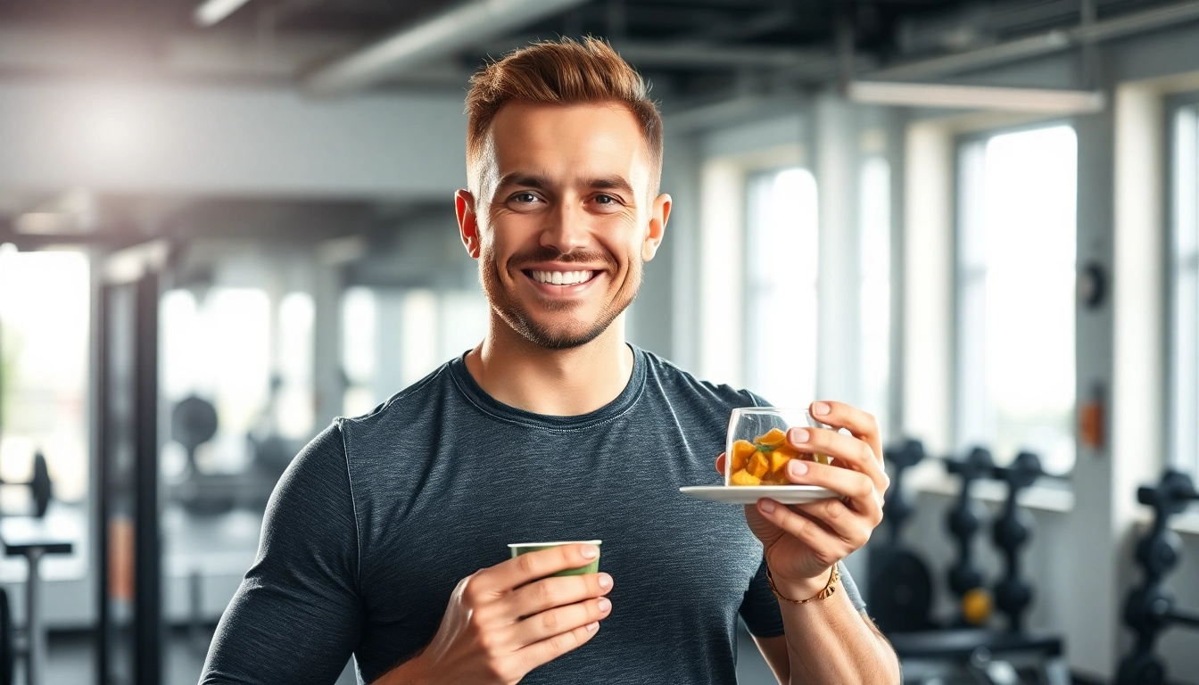 Ein gesundes Fitness-Motiv zum Thema Gewichtsverlust mit einem aktiven Mann, der nach dem Training einen proteinreichen Snack genießt.