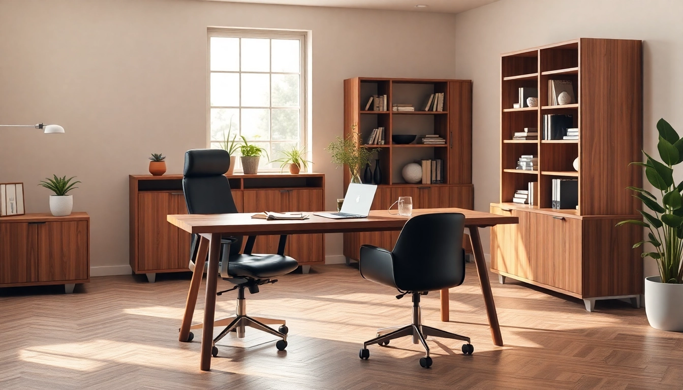 Büromöbel im modernen Büro-Design: eleganter Schreibtisch, ergonomischer Stuhl und stilvolle Regale schaffen einen inspirierenden Arbeitsplatz.