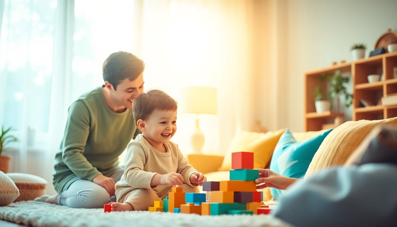 Kindererziehung: Eltern und Kind spielen harmonisch miteinander in einem hellen Wohnzimmer.