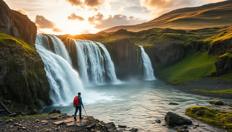 Wanderer nähert sich einem majestätischen Wasserfall bei der Reise nach Island in beeindruckender Landschaft.