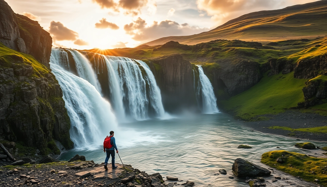 Wanderer nähert sich einem majestätischen Wasserfall bei der Reise nach Island in beeindruckender Landschaft.