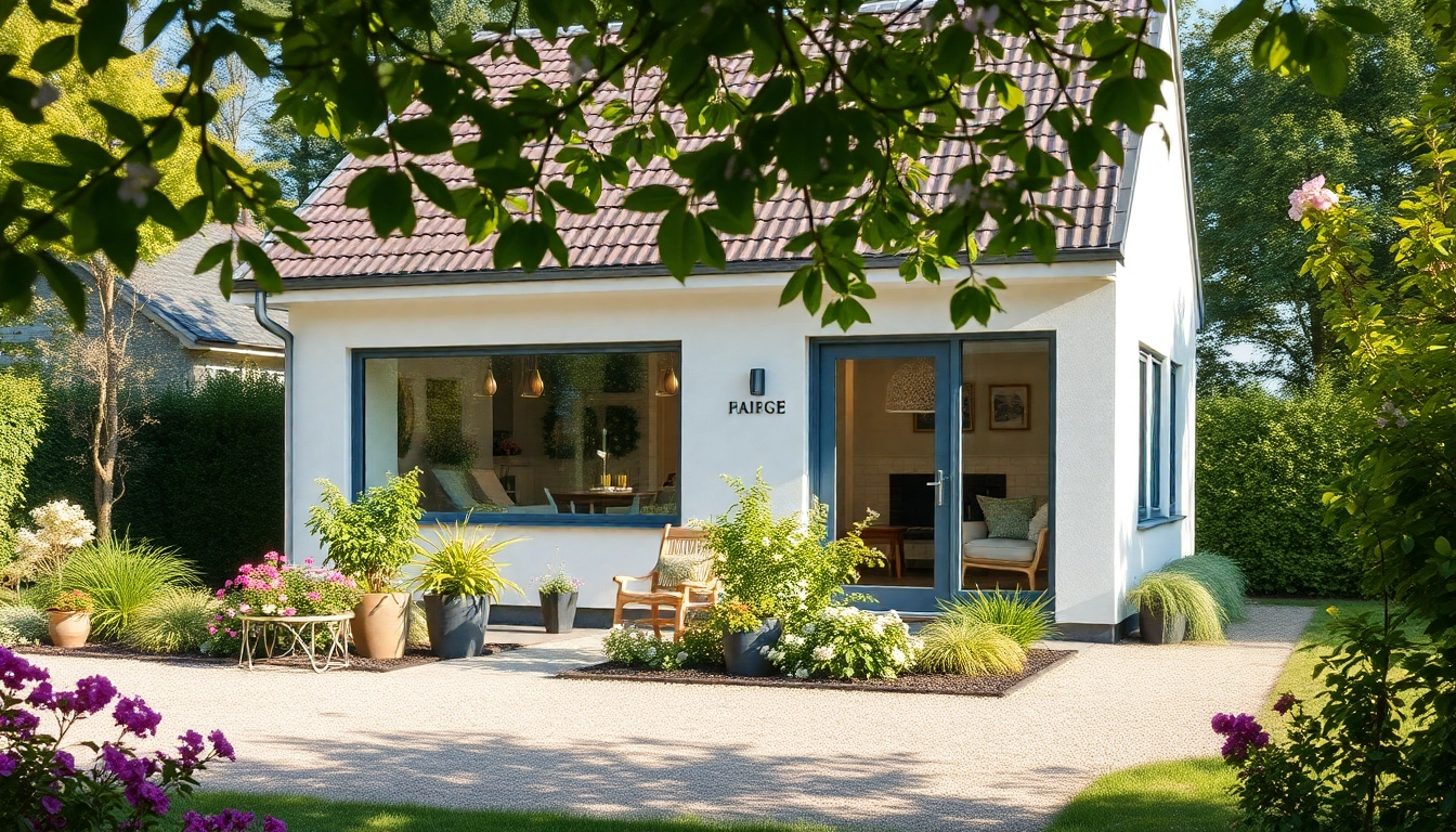 Entdecken Sie das Traumhaus für Ihren Hauskauf in einem idyllischen Garten mit blühenden Pflanzen und einladendem Design.