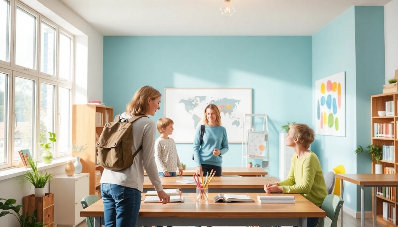 Kinder lernen aktiv im Heimunterricht in einem einladenden Klassenzimmer mit Hilfe eines Lehrers.