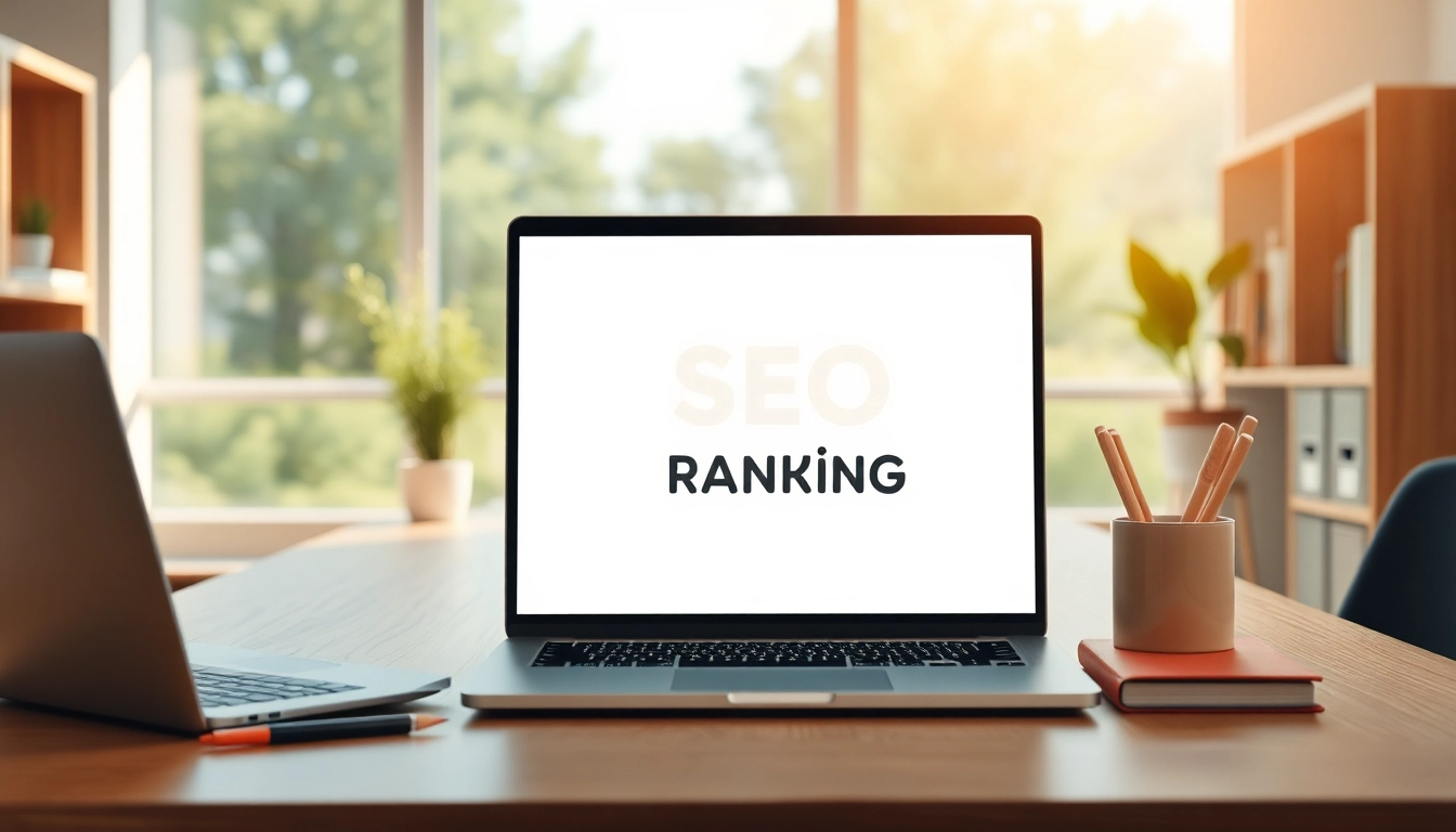 Überblick über das SEO-Ranking an einem Laptop-Tisch in einem modernen Büro.