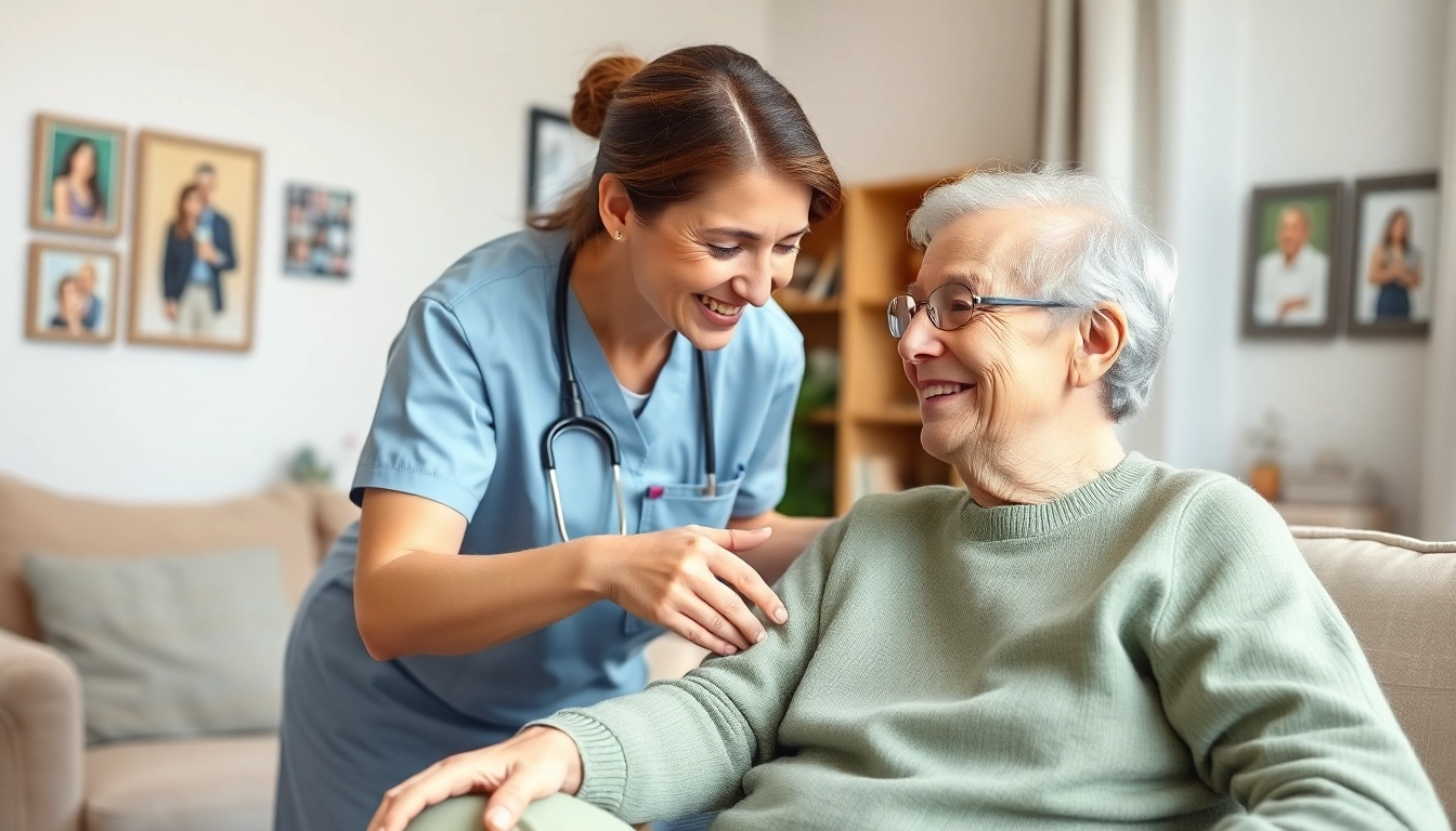 Show a dedicated Pflegedienst professional assisting an elderly client at home, illustrating care and support.