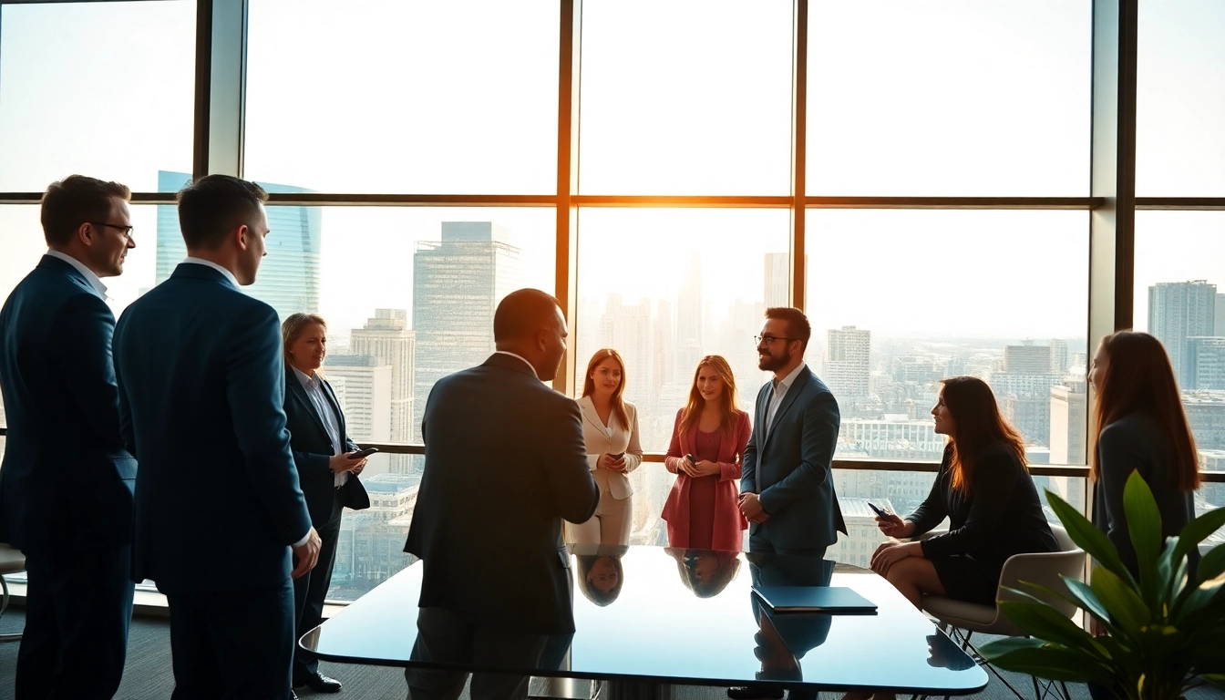 Professionals collaborating on Headhunter Sales strategies in a modern office.