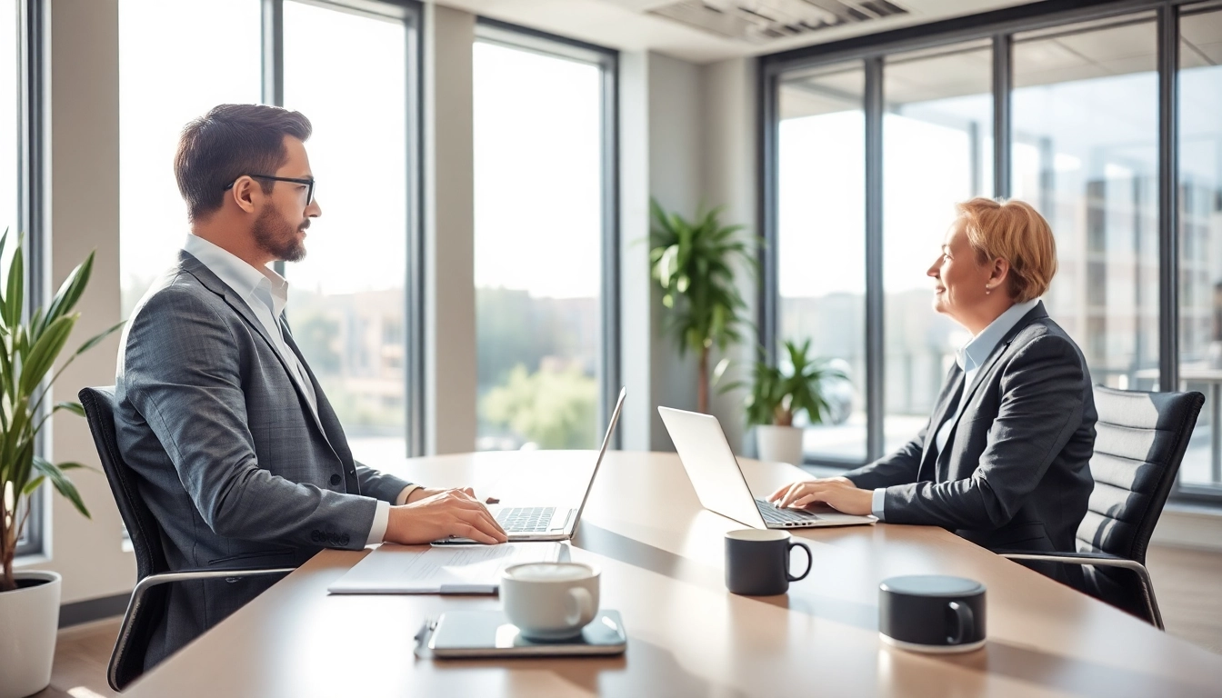 Headhunter Wolfsburg berät Klienten in modernem Büro mit Laptop und Notizen.