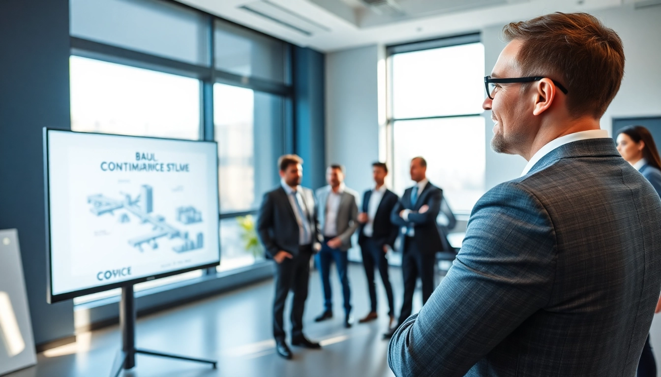 Headhunter Baubranche diskutiert Pläne mit Ingenieuren in modernem Büro.