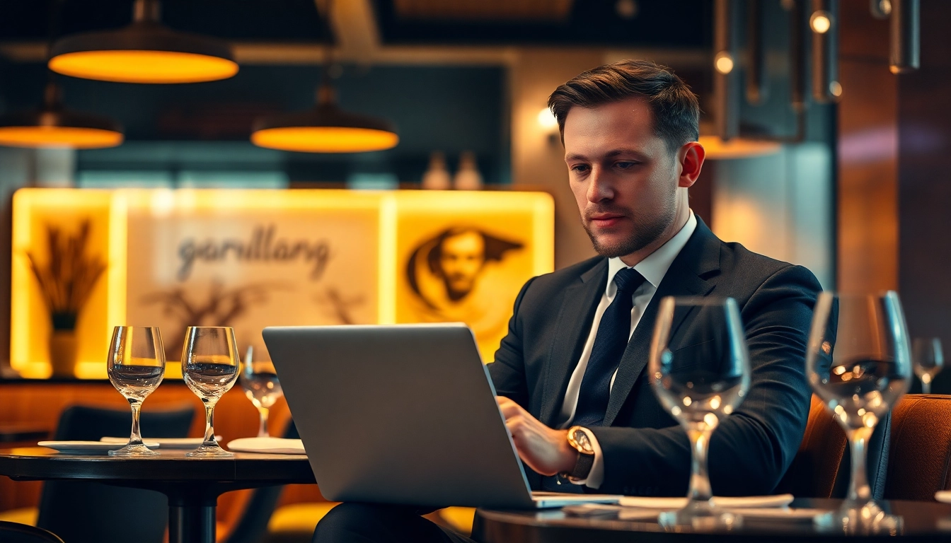 Headhunter Gastronomie im eleganten Restaurant bei der Arbeit an einem Laptop, umgeben von stilvollem Ambiente und Wein.