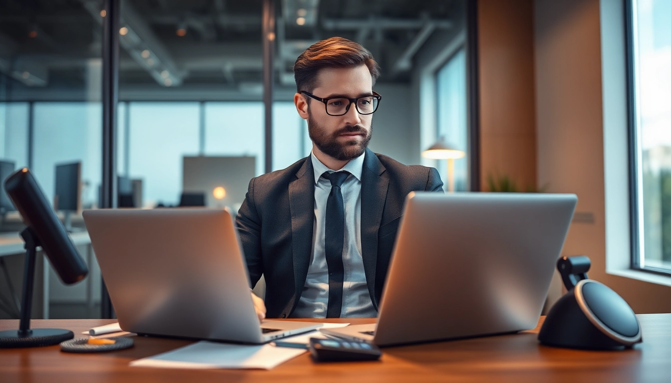 Der Headhunter Vertrieb in Aktion: Professionell gekleideter Headhunter im Büro, der an einem Laptop arbeitet.