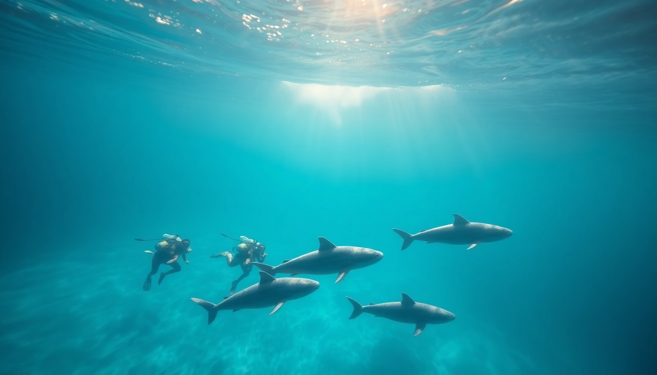 Tauchen Bullenhaie, beeindruckende Bullenhaie schwimmen um Taucher in klaren Gewässern.